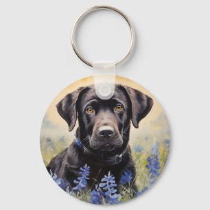 Black Labrador in Bluebonnets Key Ring