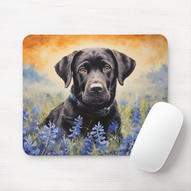 Black Labrador in Bluebonnets Mouse Mat (With Mouse)