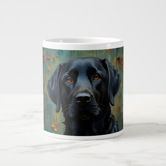 Black Labrador in Leaves Large Coffee Mug (Front)