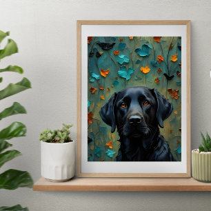 Black Labrador in Leaves  Poster