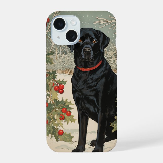 Black Labrador in Winter iPhone 15 Case (Back)
