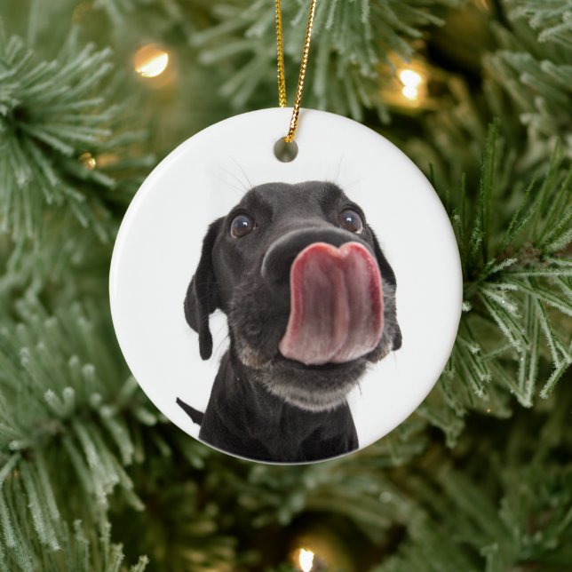 Black Labrador Licking Its Nose Ceramic Tree Decoration (Tree)