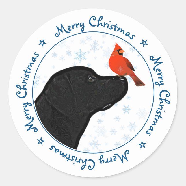 Black Labrador Merry Christmas Cardinal Cute Dog Classic Round Sticker (Front)