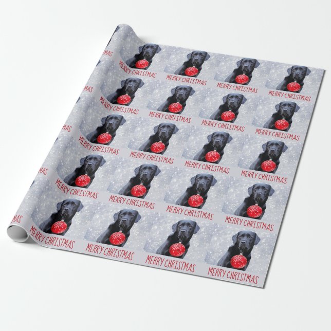 Black  Labrador Merry Christmas- Puppy Cute Dog Wrapping Paper (Unrolled)