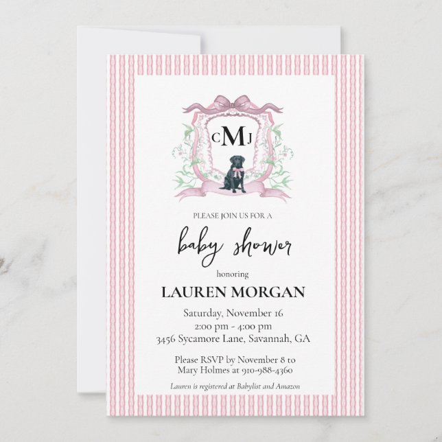 Black Labrador Monogram Pink Baby Shower Invitation (Front)