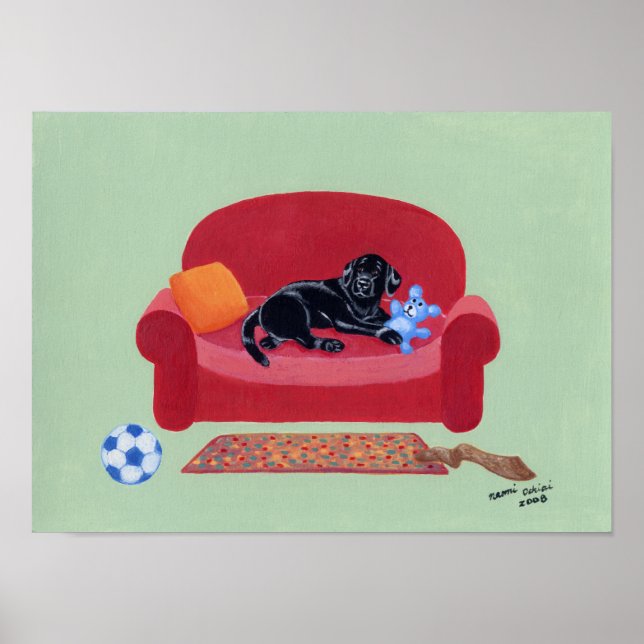 Black Labrador on the Pink Couch Artwork Poster (Front)