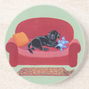Black Labrador on the pink couch Coaster