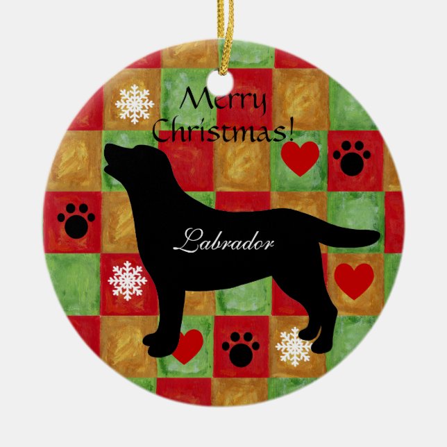 Black Labrador Outline Mosaic and Hearts Ceramic Tree Decoration (Front)