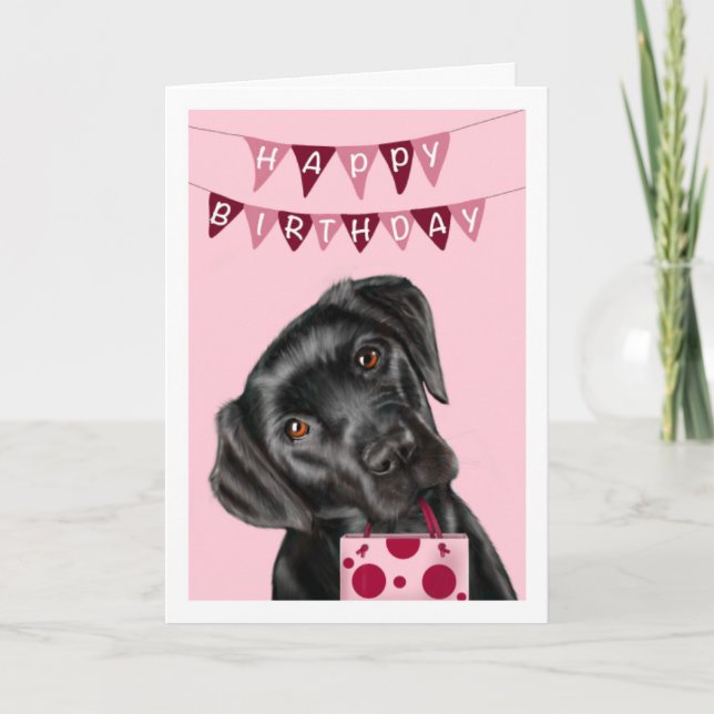 Black Labrador Pink Birthday Greeting Card (Front)