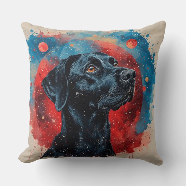 Black Labrador Portrait in a Cosmic Space Cushion (Front)