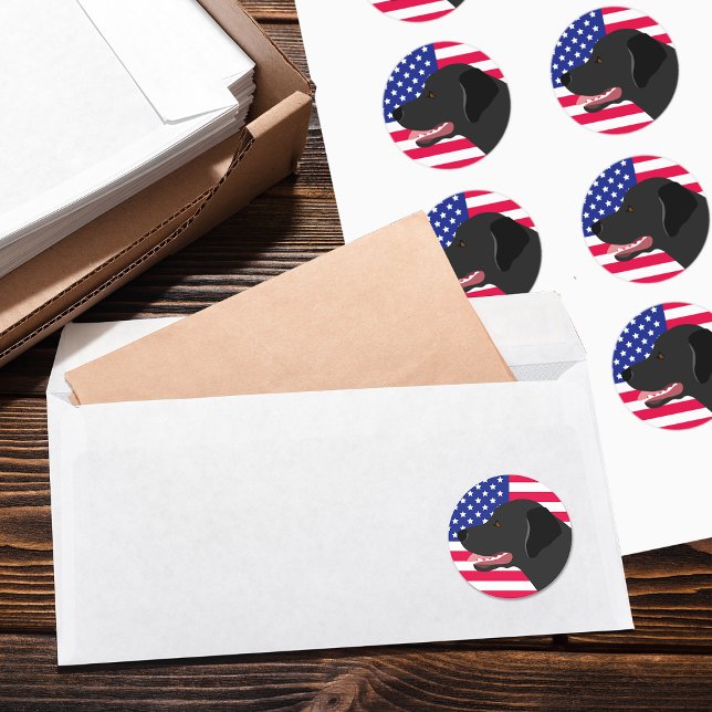 Black Labrador Profile US Flag  Classic Round Sticker (Black Labrador Profile US Flag Stickers for Labrador Owners in the US.  Sweet expression of Lab.)