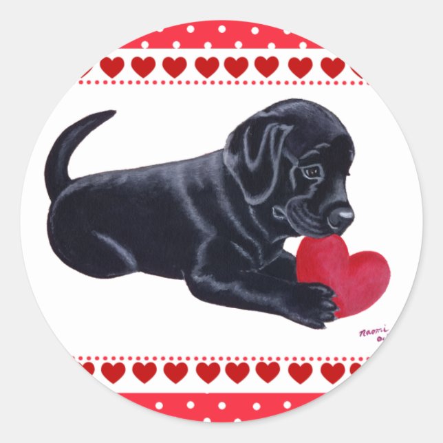 Black Labrador Puppy and Heart Classic Round Sticker (Front)