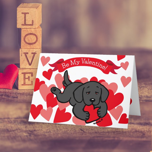 Black Labrador Puppy Chewing Heart Valentine Holiday Card (Black Labrador Puppy Chewing Heart Valentine's Day Cards for Labrador Owners.  Cute Cartoon design.)