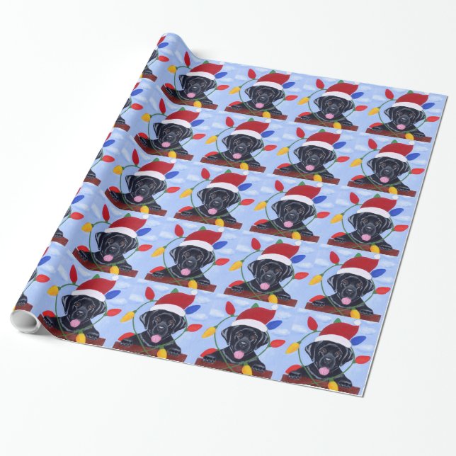 Black Labrador Puppy Christmas Santa Wrapping Paper (Unrolled)