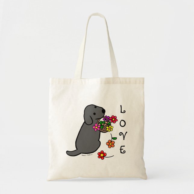 Black Labrador Puppy Flower Basket Cartoon Tote Bag (Front)
