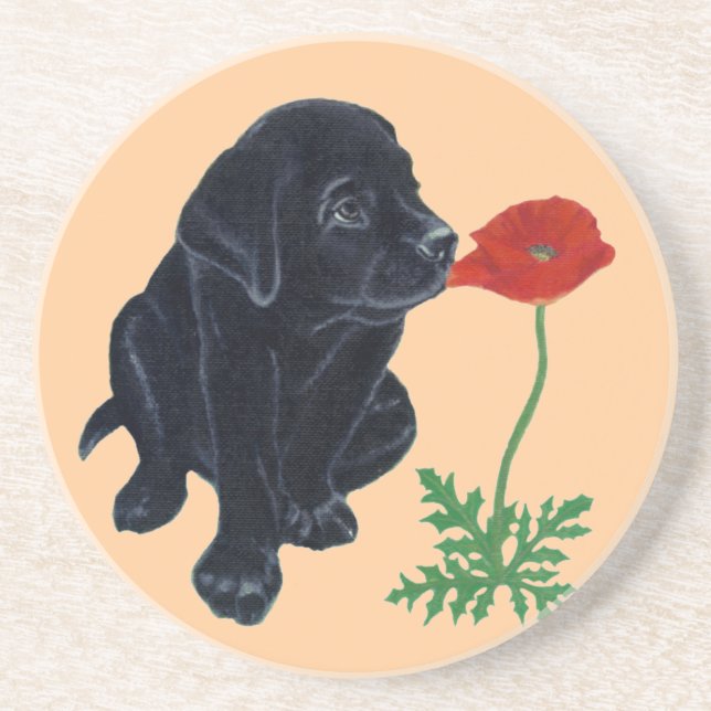 Black Labrador Puppy & Poppy Painting Coaster (Front)