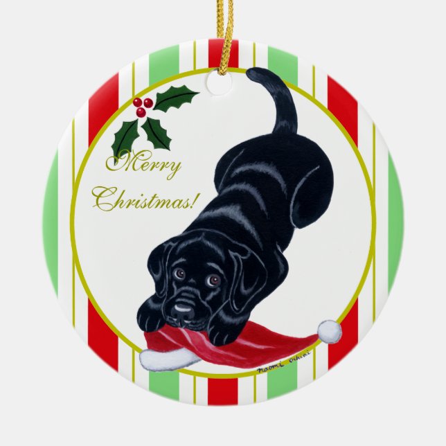 Black Labrador Puppy & Santa Hat Christmas Ceramic Tree Decoration (Front)