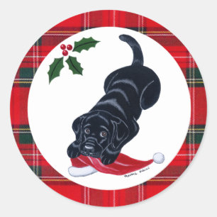 Black Labrador Puppy & Santa Hat Christmas Classic Round Sticker