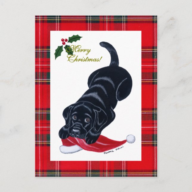 Black Labrador Puppy & Santa Hat Christmas Holiday Postcard (Front)