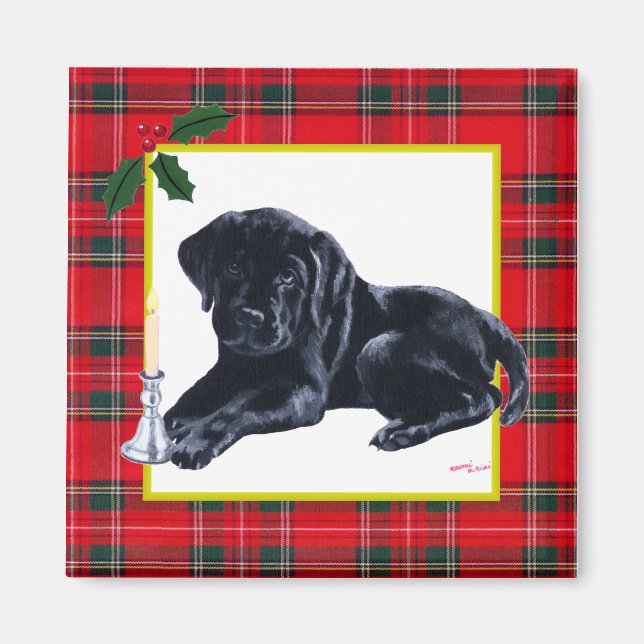 Black Labrador Puppy & Santa Hat Christmas Magnet (Front)