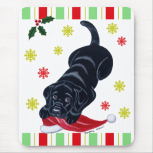 Black Labrador Puppy & Santa Hat Christmas Mouse Mat