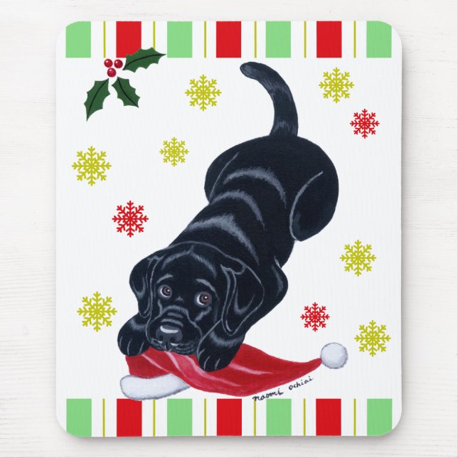 Black Labrador Puppy & Santa Hat Christmas Mouse Mat (Front)