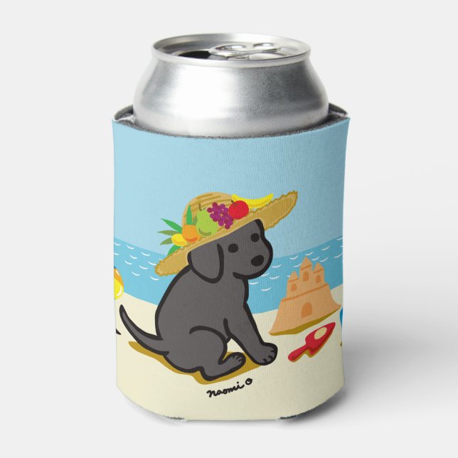Black Labrador Puppy Straw Hat Cartoon Can Cooler (Can Front)