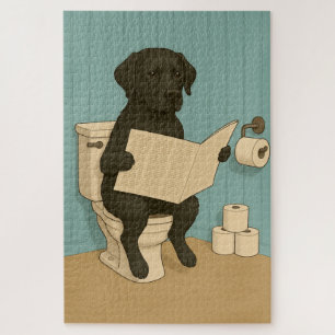 Black Labrador Reading Newspaper on Toilet Jigsaw Puzzle
