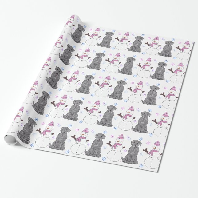 Black Labrador Retriever And Snowman Wrapping Paper (Unrolled)