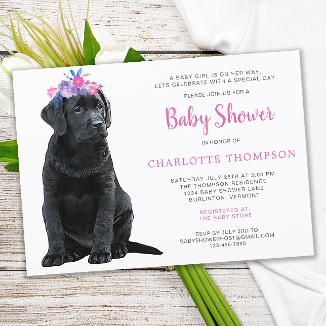 Black Labrador Retriever Baby Shower Pink Girl Invitation (Creator Uploaded)