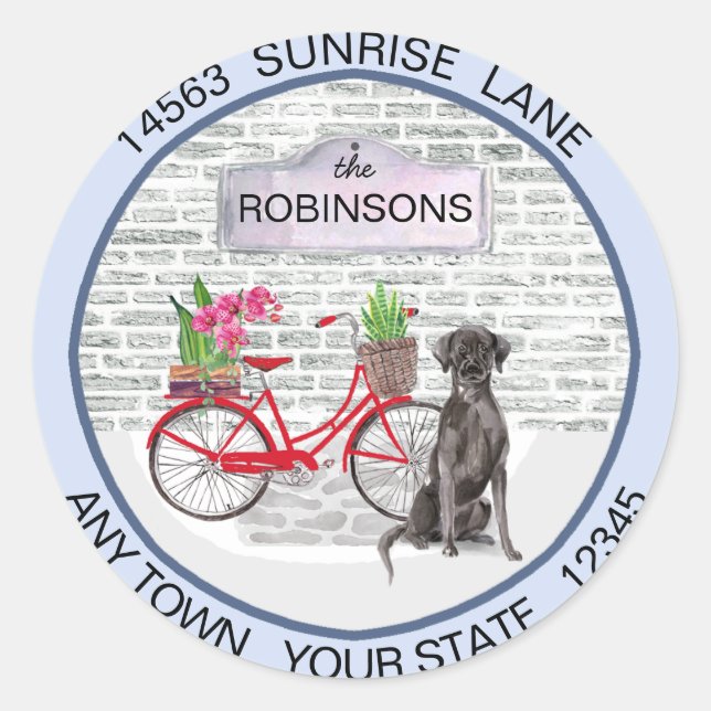 Black Labrador Retriever Bicycle Address  Classic Round Sticker (Front)