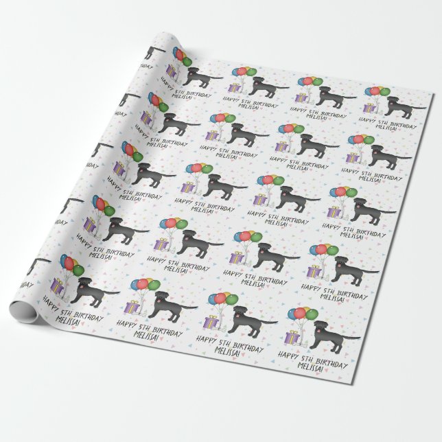 Black Labrador Retriever Cartoon Dog - Birthday Wrapping Paper (Unrolled)