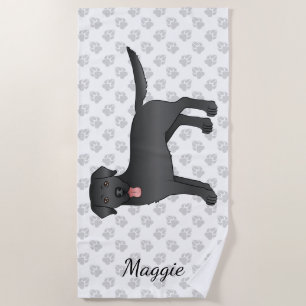 Black Labrador Retriever Cartoon Dog & Name Beach Towel