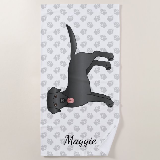 Black Labrador Retriever Cartoon Dog & Name Beach Towel (Front)