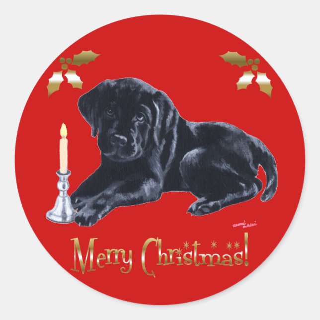 Black Labrador Retriever Christmas Gold Classic Round Sticker (Front)