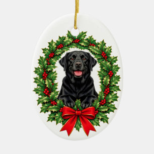 Black Labrador Retriever Christmas Holly Wreath Ceramic Tree Decoration