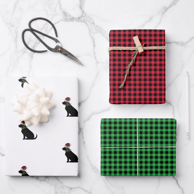 Black Labrador Retriever Christmas Pattern Check Wrapping Paper Sheet (Front)
