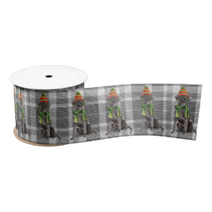 Black Labrador Retriever Dog and Holiday Plaid Satin Ribbon