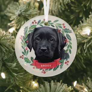 Black Labrador Retriever Dog Christmas Watercolor Glass Tree Decoration