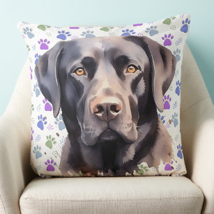 Black Labrador Retriever Dog Colourful Paw Prints  Cushion