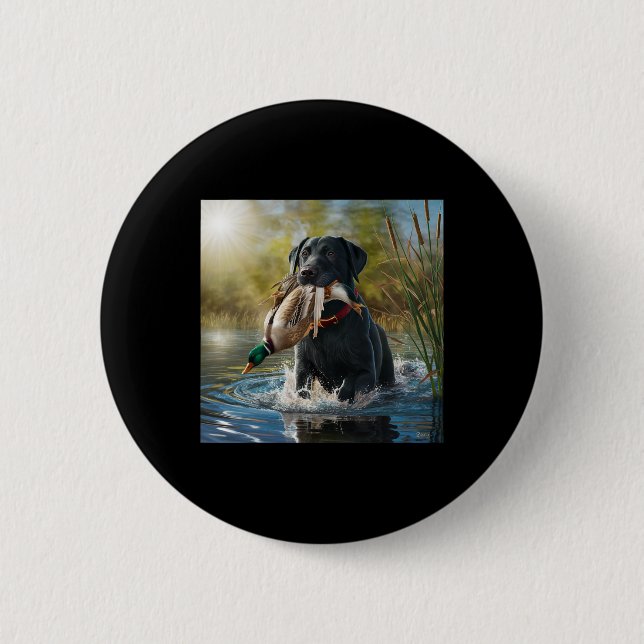 Black Labrador Retriever Dog Hunting Ducks In A Po 6 Cm Round Badge (Front)