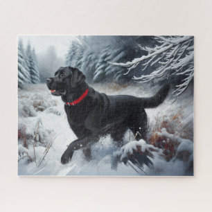Black Labrador Retriever Dog in the Snow Jigsaw Puzzle