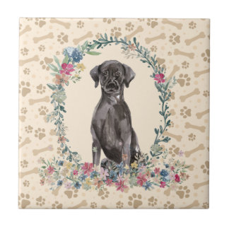 Black Labrador Retriever Dog Paw Print Floral Cute Tile