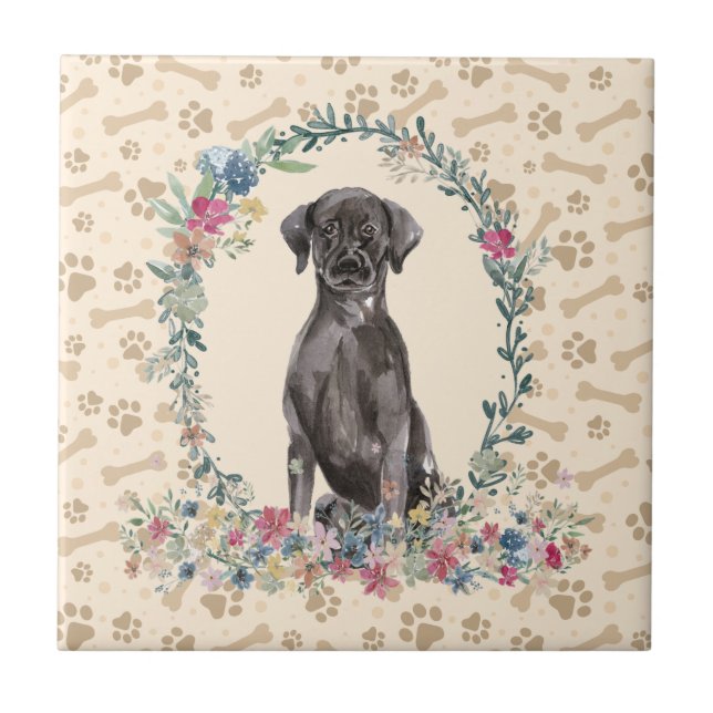 Black Labrador Retriever Dog Paw Print Floral Cute Tile (Front)