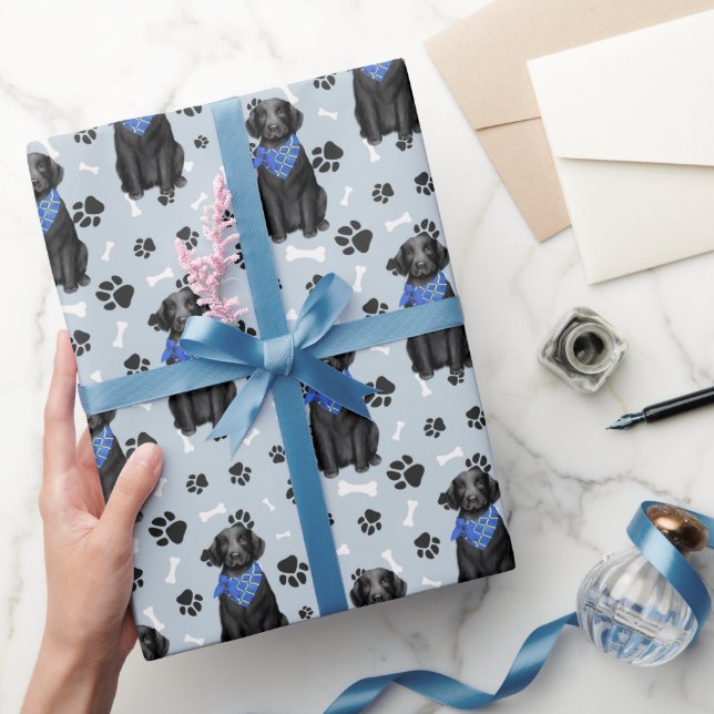 Black Labrador Retriever Dog Paw Print Pattern Wrapping Paper (Gifting)