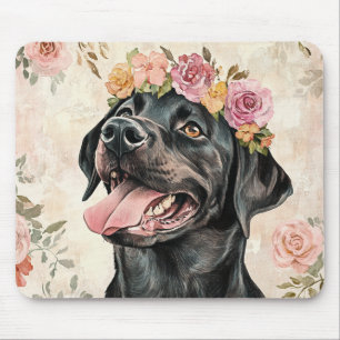 Black Labrador Retriever Dog Pink Peach Floral Mouse Mat