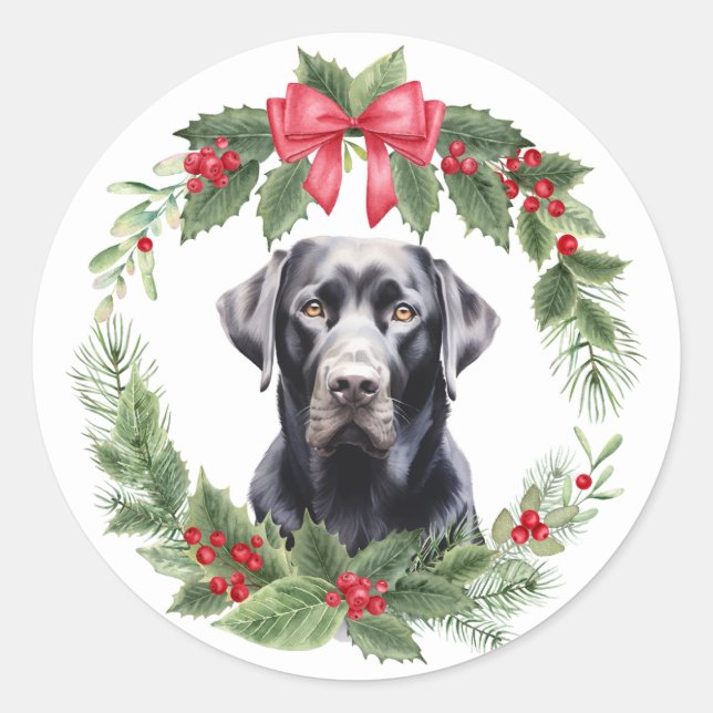 Black Labrador Retriever Dog Red Bow Holly Wreath Classic Round Sticker (Front)