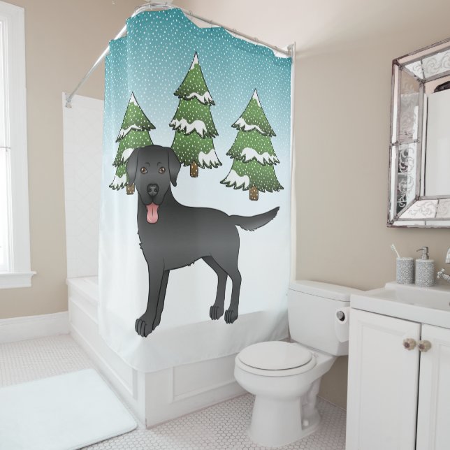 Black Labrador Retriever In A Winter Forest Shower Curtain (In Situ)
