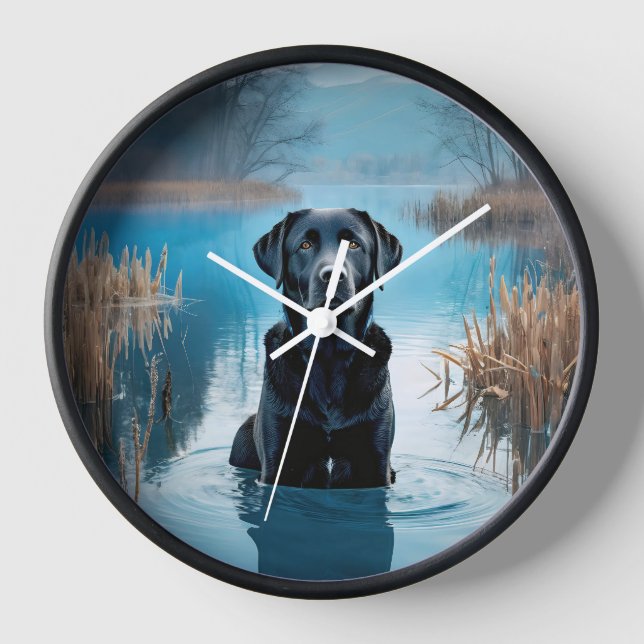 Black Labrador Retriever In Lake Water Clock (Front)