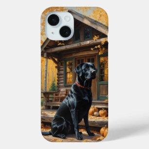 Black Labrador Retriever Log Cabin Autumn iPhone 15 Case